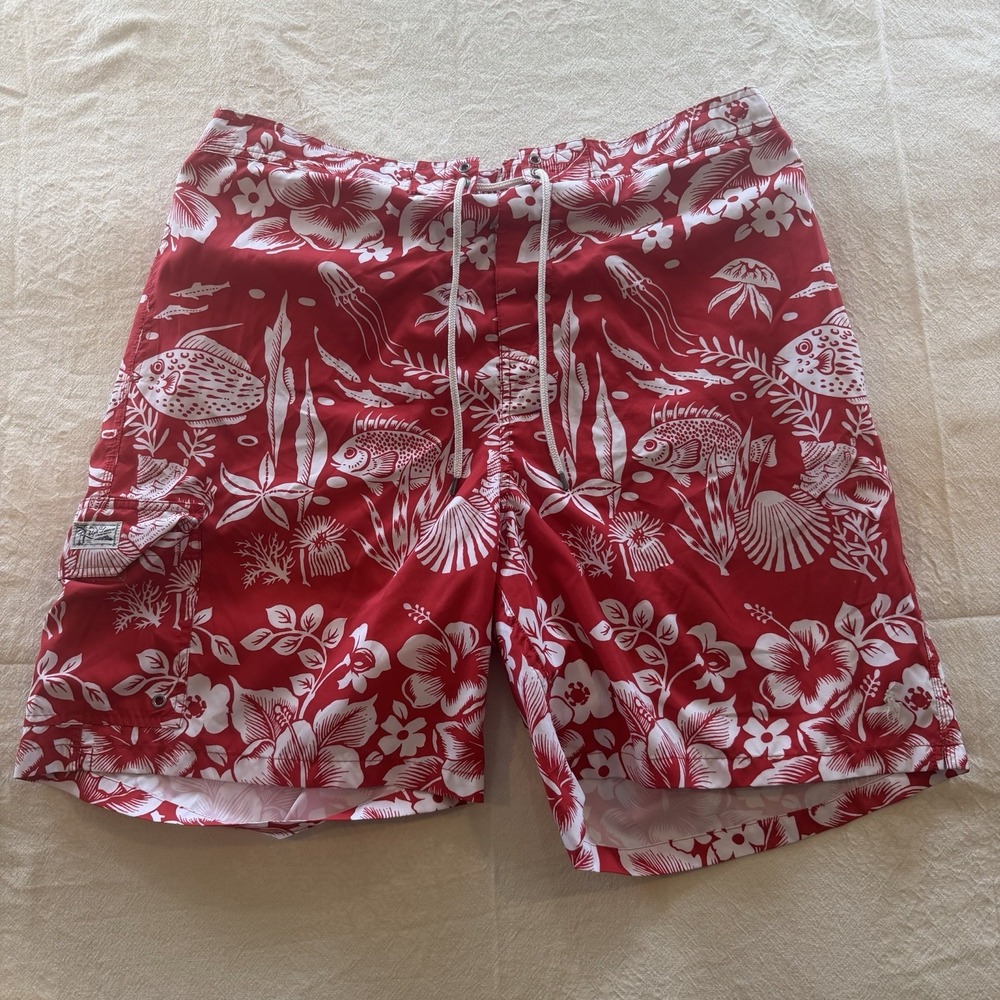 Polo Ralph Lauren Mens 2XB Red Tropical Fish Hibiscus Floral Lined Swim Trunks